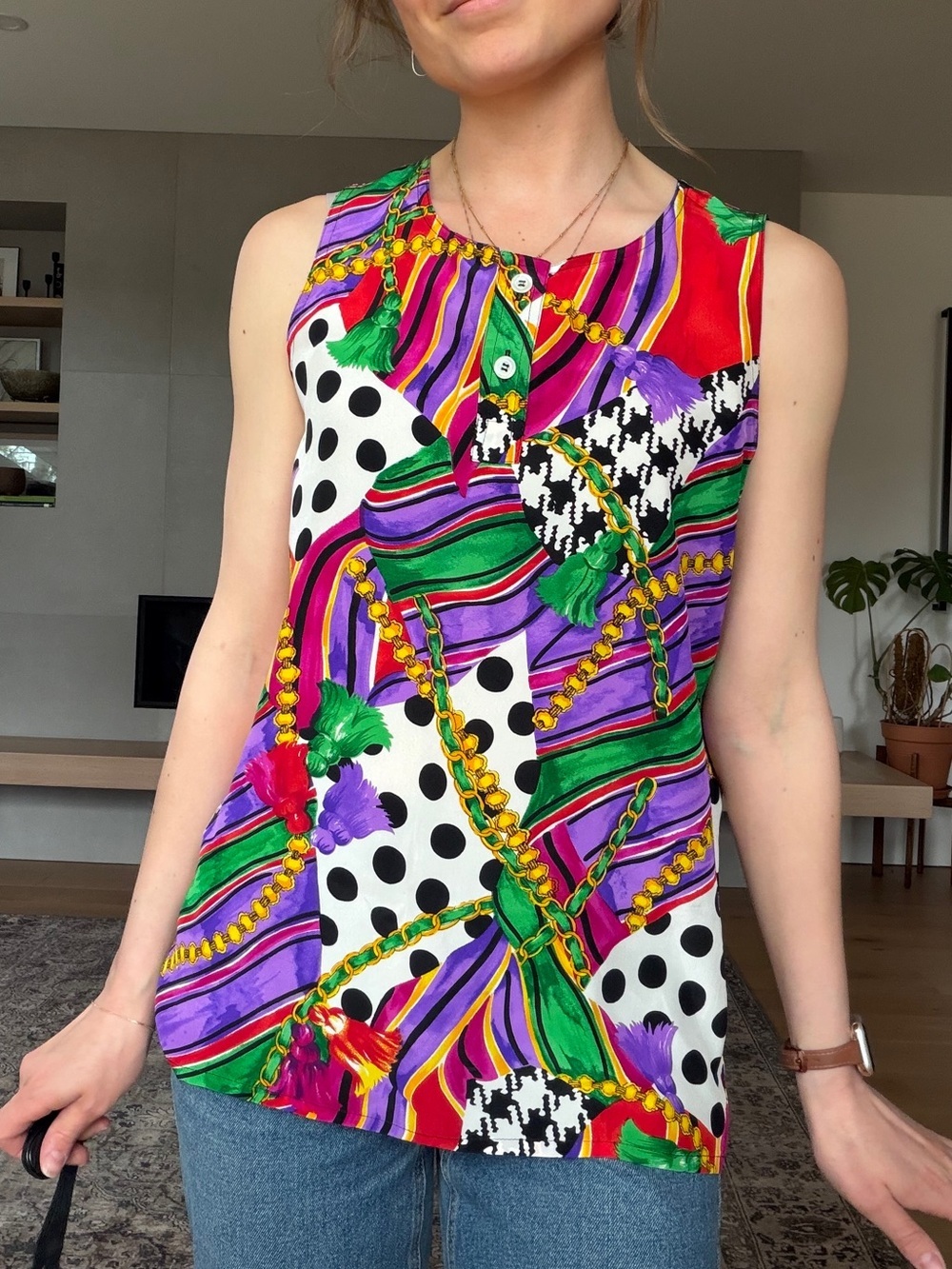 Vintage 100% silk Multicolor Printed sleeveless Top small